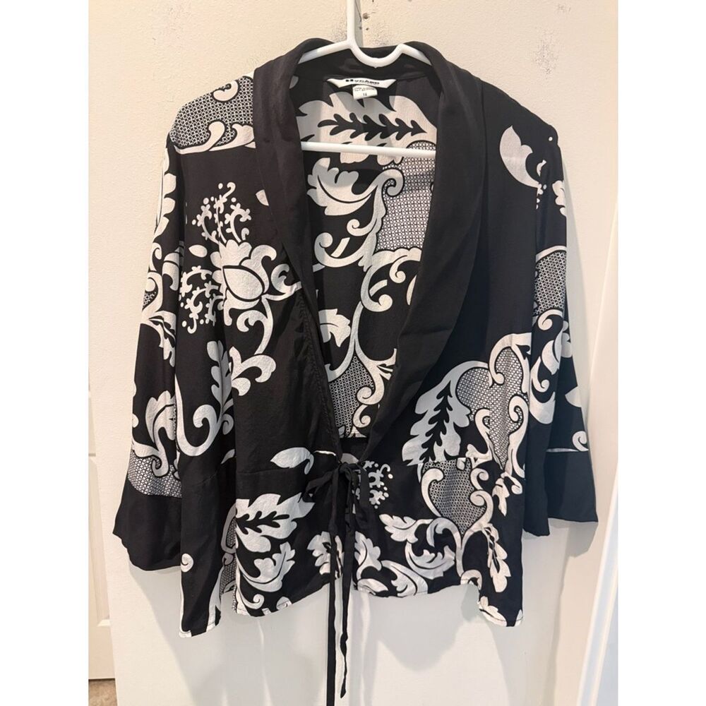 Nygard Collection 100% silk Black & White Printed Tie-Front Blazer Jacket sz 14